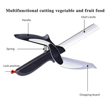 Vegetable and fruit cutter with handle, combines slicing and dicing.
